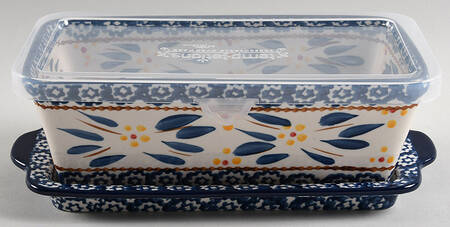 Old World Blue Loaf Pan with Plastic Lid & Tray
