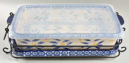Old World Blue 4pc 13" Rect. Baker (Baker,Lid,Tray & Stand)