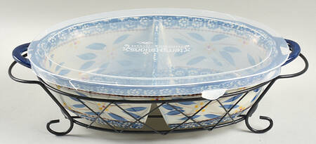 Old World Blue 13" Oval Divided Baker W/Metal Stand & Lid