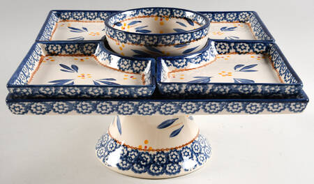 Old World Blue 6 Piece Square Pedestal Server/Cake Set