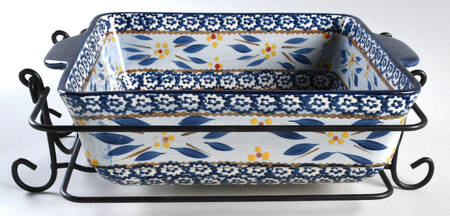 Old World Blue 11" Square Baker with Handles & Metal Stand