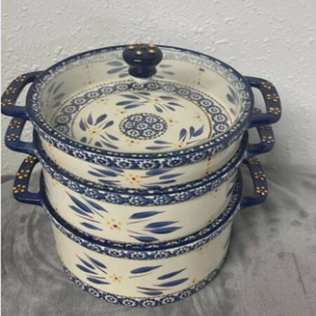 Old World Blue (4 Pc) Round Stacking Baker Set (1QT, 2QT & 3QT with Glass Lid)