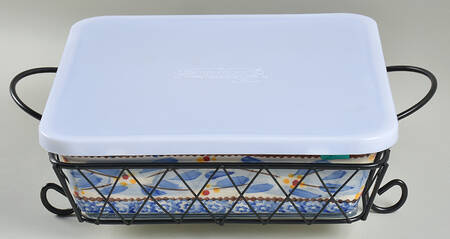 Old World Blue 9' Square Baker with Metal Stand, Glass Trivet & Storage Cover