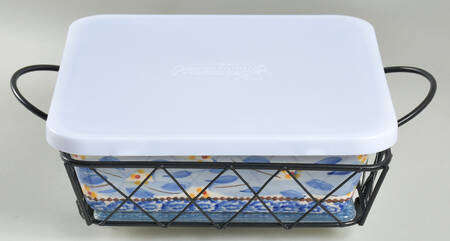 Old World Blue 8' Square Baker with Metal Stand, Glass Trivet & Storage Cover