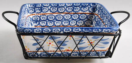 Old World Blue 7" Square Baker & Metal Stand