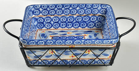 Old World Blue 8" Square Baker & Metal Stand