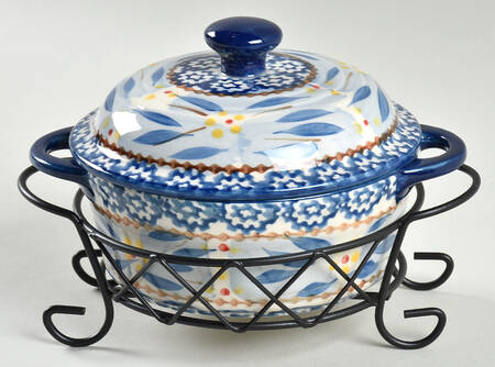 Old World Blue 10 Oz Individual Casserole & Lid W/Metal Stand