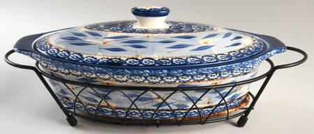 Old World Blue 2 Qt Oval Casserole & Metal Stand w/Wicker Trivet