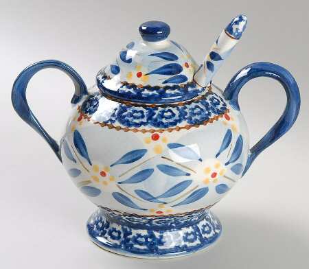 Old World Blue Sugar Bowl & Lid W/Spoon