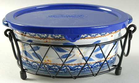 Old World Blue 4pc 9" Round Handled Baker(Baker,Lid,Trivet&Stand)