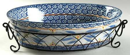 Old World Blue 13" Oval Baker W/Metal Stand & Glass Trivet