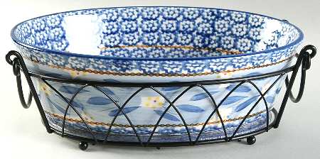 Old World Blue 10" Oval Baker W/Metal Stand & Glass Trivet