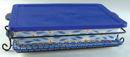 Old World Blue 4pc 15" Rect. Baker (Baker,Lid,Tray & Stand)