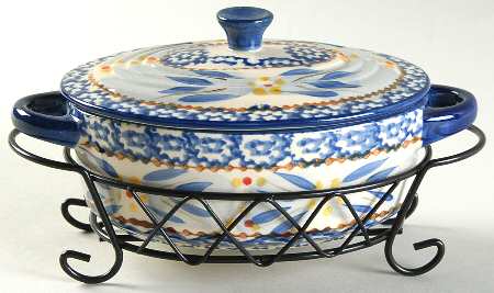 Old World Blue 9 Oz Individual Oval Casserole & Lid W/Metal Stand