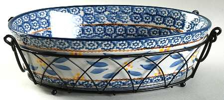 Old World Blue 11" Oval Baker W/Metal Stand & Glass Trivet