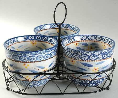 Old World Blue 1 Qt 5" Round Bowl & Metal Stand - Set of 3