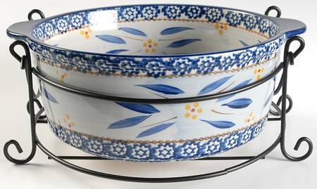 Old World Blue 10" Round Baker & Metal Stand