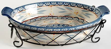 Old World Blue 12" Oval Baker with Metal Stand