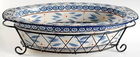 Old World Blue 15" Oval Baker & Metal Stand