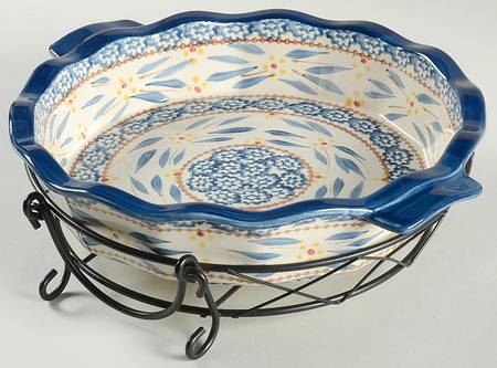 Old World Blue 9" Pie Baking Plate with Metal Stand