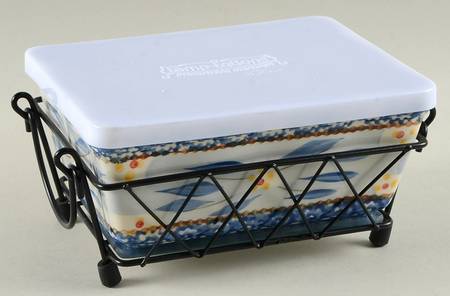 Old World Blue (4 Pc) 7" Rect Baker (Baker, Cover, Glass Trivet & Stand)