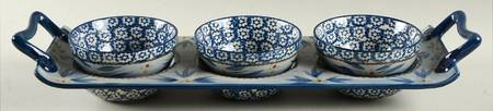 Old World Blue Condiment Set-3 Open Bowls & Tray