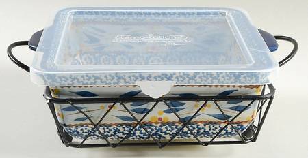 Old World Blue 7" Square Baker W/Storage Cover & Metal Stand