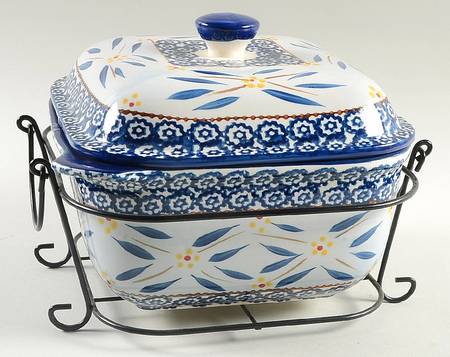 Old World Blue Square Covered Vegetable w/Metal Stand