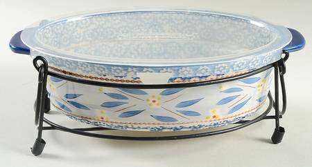 Old World Blue 12" Oval Baker w/Plastic Lid & Metal Stand