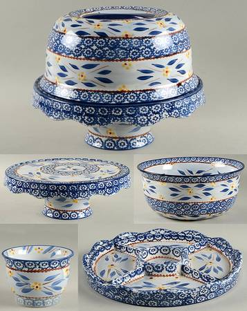 Old World Blue Convertible Set (Cake Stand/Chip & Dip Pedestal w/Dome)