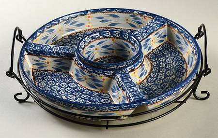 Old World Blue (3 Part) Divided Chip Bowl/Plate & Dip Bowl w/Metal Stand