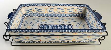 Old World Blue 15" Rectangular Baker w/Metal Stand
