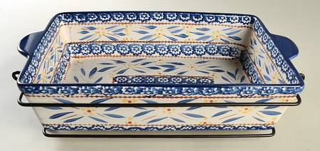 Old World Blue 13" Rectangular Baker with Metal Stand