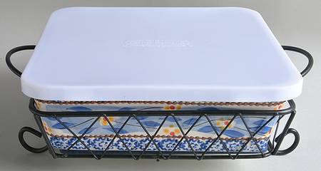 Old World Blue 9" Square Baker w/Storage Cover & Metal Stand