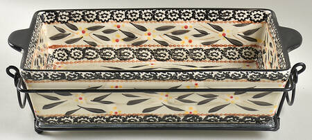 Old World Black 13" Rectangular Baker with Glass Trivet & Metal Stand