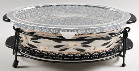 Old World Black 11" Oval Baker w/Plastic Lid, Lid-It & Mtl Stand
