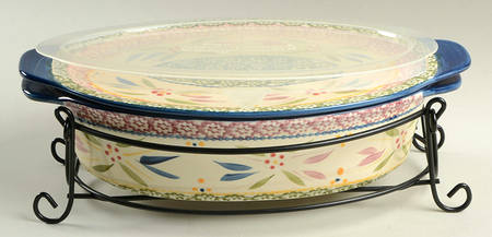 Old World Confetti 13" Oval Baker w/Plastic Lid, Lid-It & Metal Stand by Temp-Tations