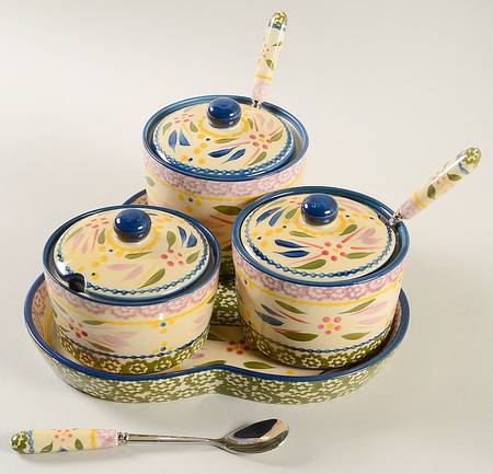 Old World Confetti 10pc Condiment Set (3 Condiment Jar's & Spoon W/Tray)