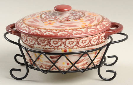 Old World Cranberry 10 Oz Individual Casserole & Lid W/Metal Stand