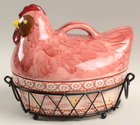 Old World Cranberry Figural Oval Baker & Lid with Metal Basket