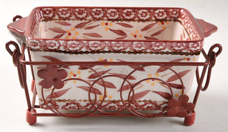 Old World Cranberry 8" Rectangular Baker W/Metal Stand