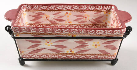 Old World Cranberry 10" Rectangular Baker w/Metal Stand