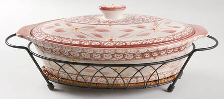 Old World Cranberry 2 Qt Oval Casserole & Metal Stand w/Wicker Trivet