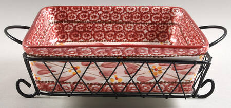 Old World Cranberry 9" Square Baker W/Metal Stand & Glass Trivet