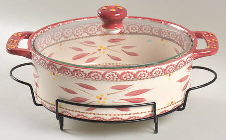 Old World Cranberry 2 Qt Round Stacking Baker w/Glass Lid&Metal Stand