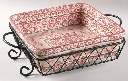 Old World Cranberry 9" Square Baker & Metal Stand