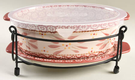 Old World Cranberry 10" Oval Baker w/Storage Cover, Lid-It & Mtl Stand