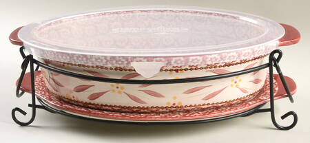 Old World Cranberry 13" Oval Baker w/Plastic Lid, Lid-It & Metal Stand