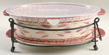 Old World Cranberry 11" Oval Baker w/Plastic Lid, Lid-It & Mtl Stand