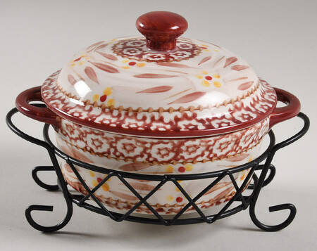 Old World Cranberry 10 Oz Individual Casserole & Lid w/Metal Stand